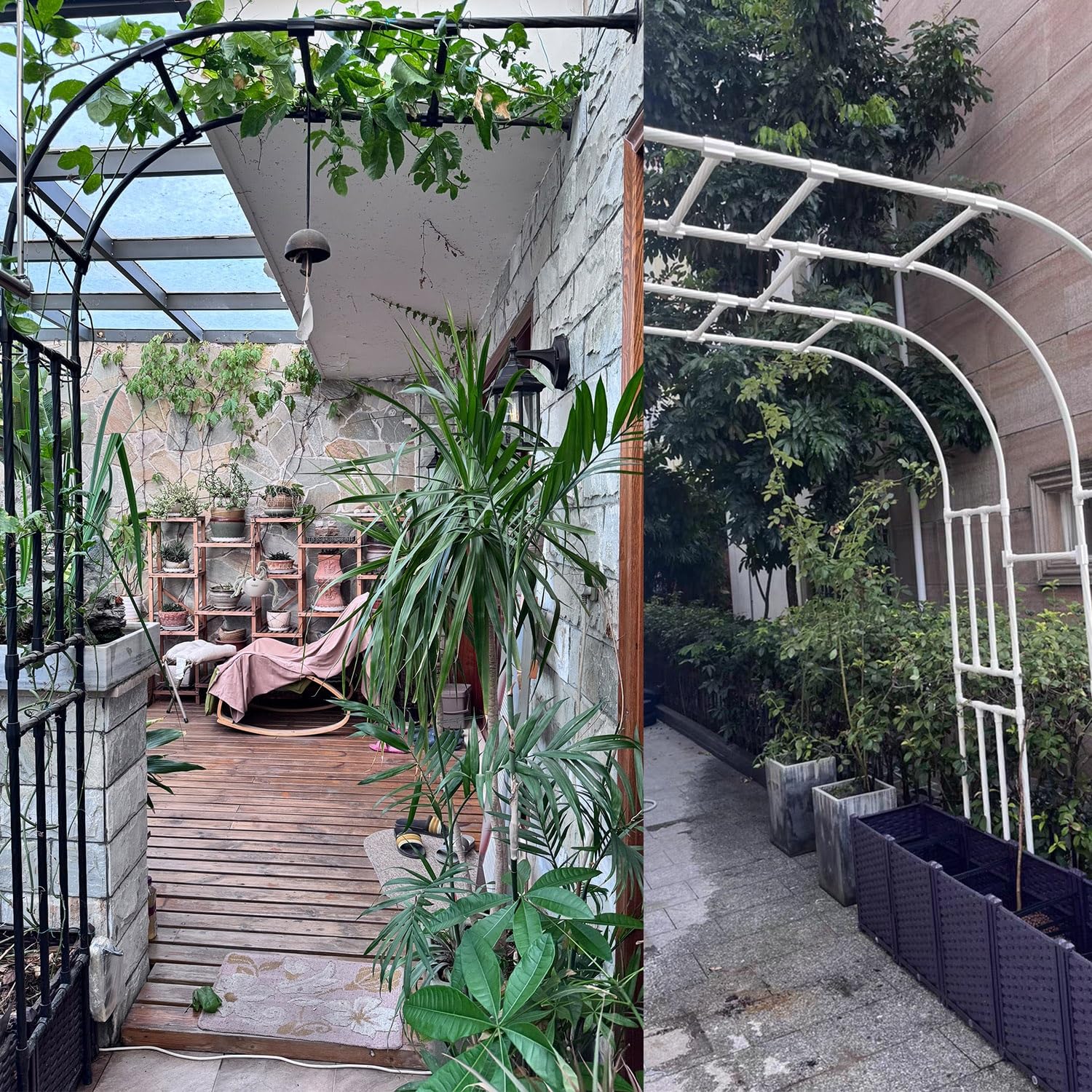 Arco da giardino per parete in metallo, traliccio per rose, altezza 240 cm, robusto, design a mezzo strato, per terrazza, montaggio a parete, nero (H240 x W200 cm)