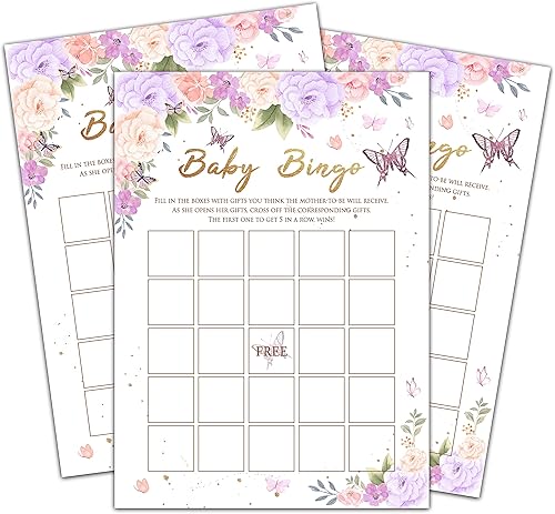 Miniatura 5 de Juego de baby shower para niñas, predicciones y consejos de bebé de mariposa morada para baby shower, decoración de fiestas de revelación de género,