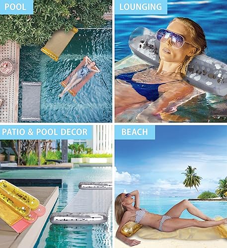 Miniatura 3 de POZA Juego de 3 hamacas inflables de agua de oro rosa, oro y plata, tumbona flotante de lujo para piscina rellena de confeti brillante, silla 4 en