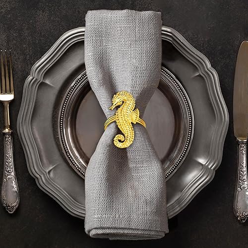 Juego de 4 servilleteros dorados con diseño de caballo de mar, decoración festiva de mesa y recuerdo para cóctel, boda, Pascua, vacaciones,