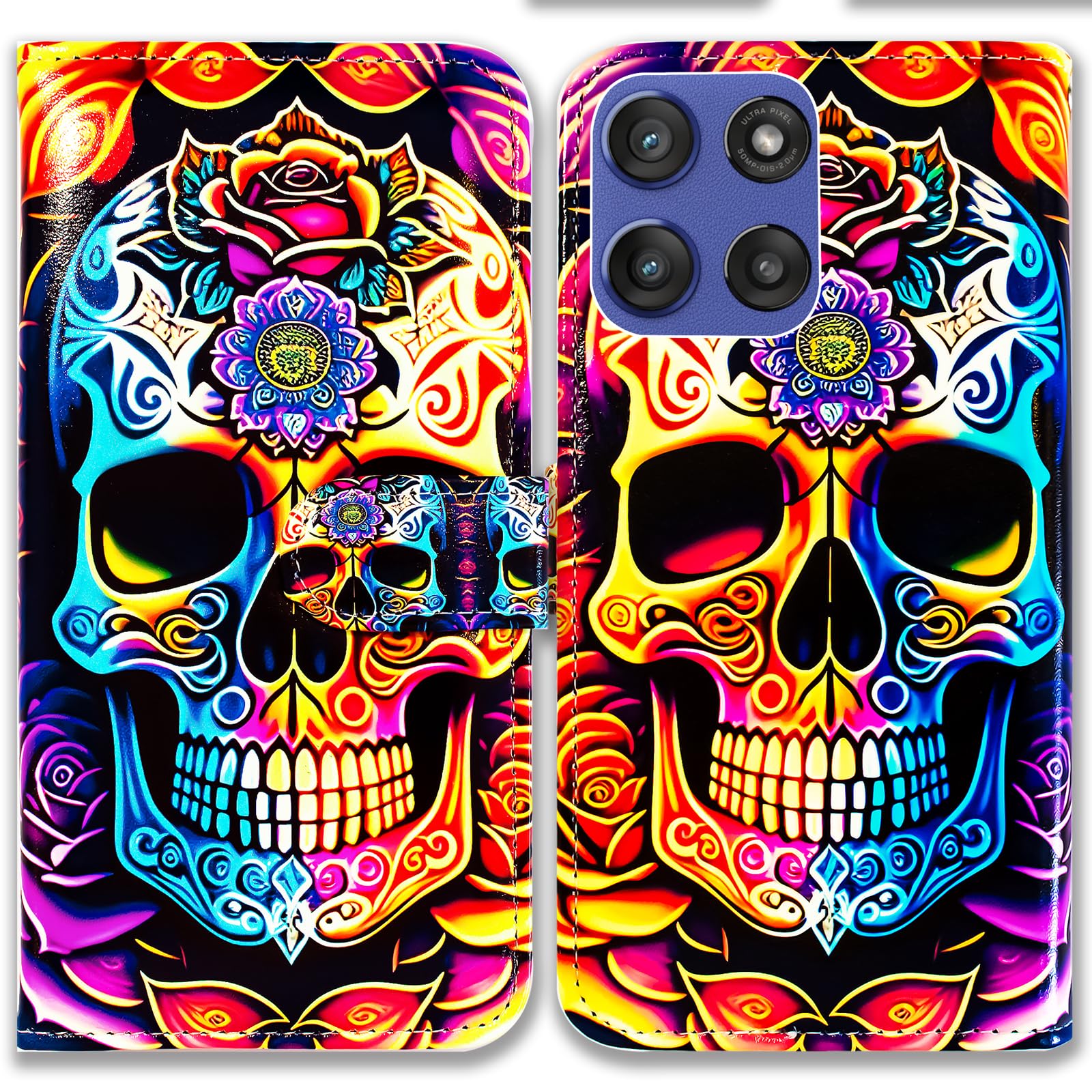 Bcov Case for Moto G Stylus 2025,Colorful Mandala Skull Flowers Leather Flip Phone Case Wallet Cover with Card Slot Holder Kickstand Case for Motorola