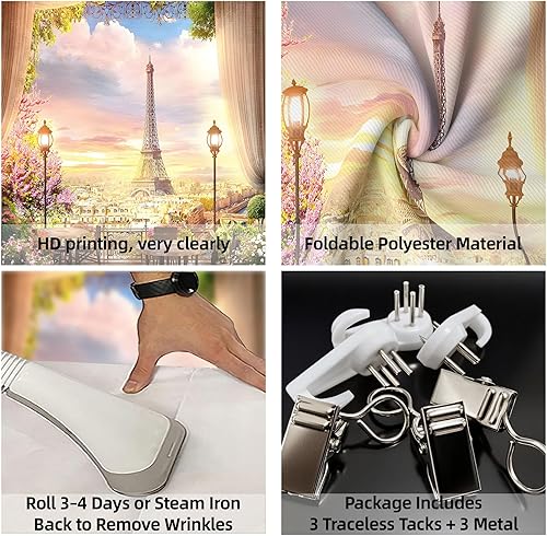 Miniatura 4 de Tapiz de pared de la Torre Eiffel de Yieldeer de París de 6 x 6 pies, fondo de fotografía de ciudad francesa, decoración de fiesta de cumpleaños con