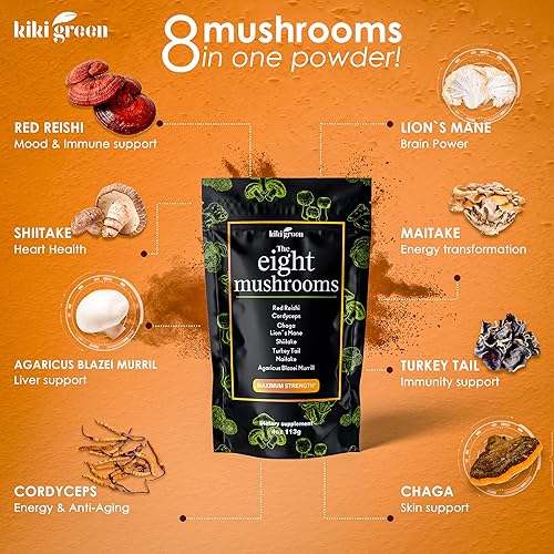 Miniatura 2 de KIKI Green Paquete de 8 hongos y polvo Shroomo  Complejo adaptogénico de hongos y alternativa de café de hongos para concentración, energía,