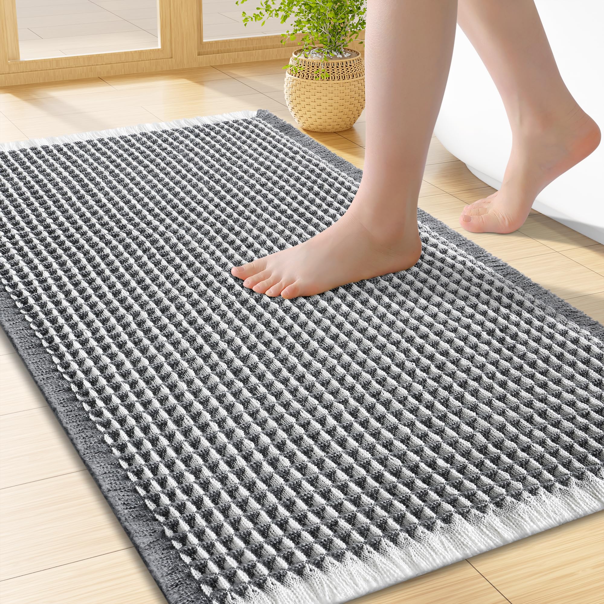 Smiry Waffle Bath Mat 24X16, Soft Absorbent Bathroom Rug, Darkgrey &amp; Cream
