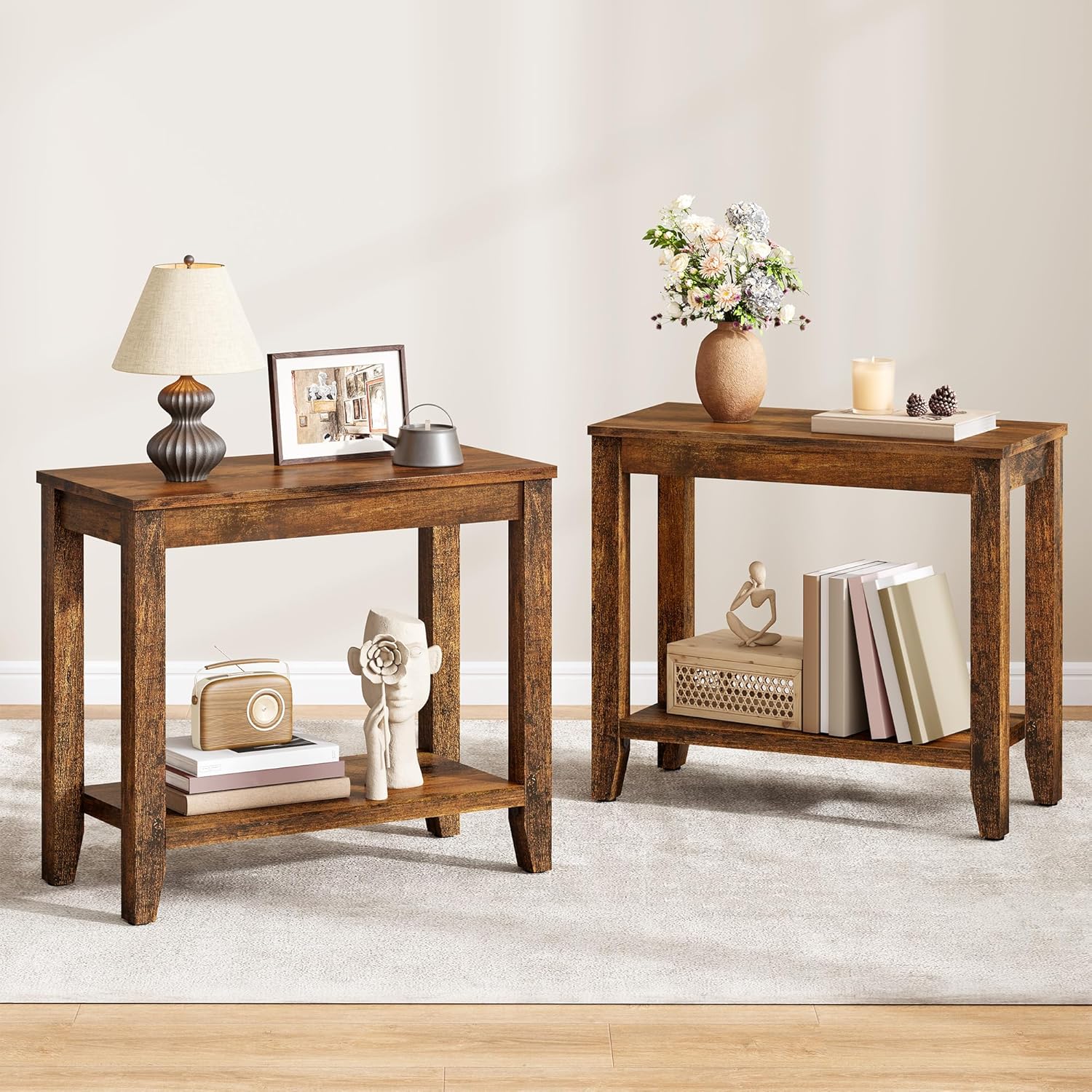 Hoctieon End Table with Double Storage Shelves, Sturdy Wooden Side Table for Living Room, Bedroom, Modern Nightstand Sofa Table for Small Spaces, Rustic Brown, Set of 2