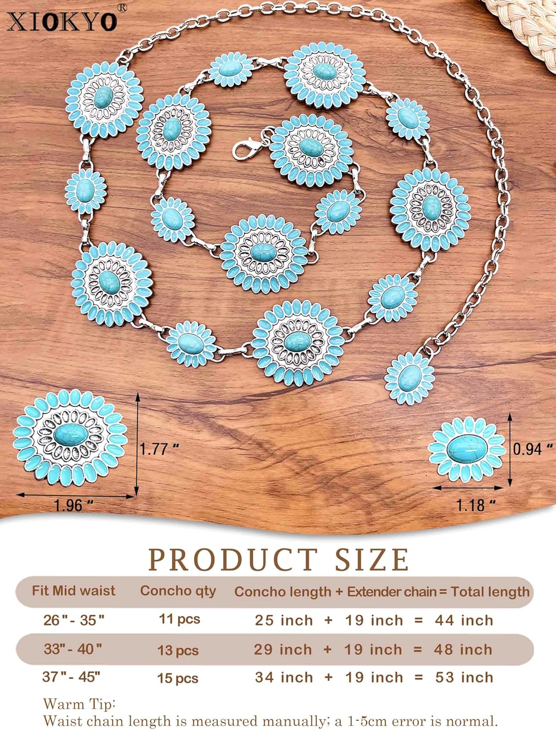 Turquoise Belt Western Chain Belt Cowgirl Country Silver Metal Concho Belts Women Jeans Dresses - Image 2