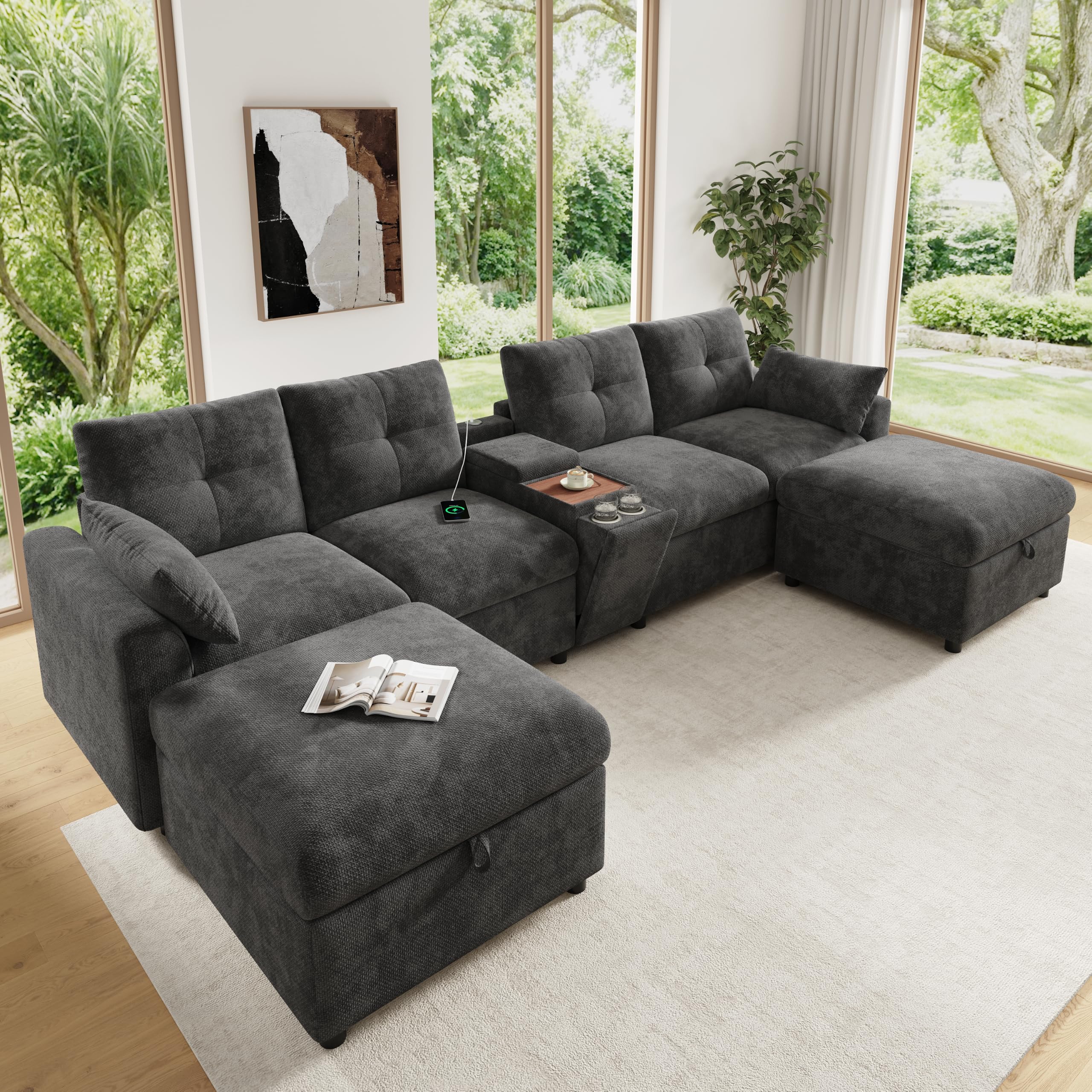 Modulare Ecksofa Wohnlandschaft 6-Sitzer U-/L-Form,Chenille,Grey