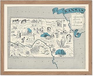 Monem Art Vintage Map Poster - Retro Kansas Map Print - Kansas State Map Art - Gift for Teacher, Student, Travel Lover - Wall Decoration for Classroom, Office, Dorm, 8x10 Beige Framed