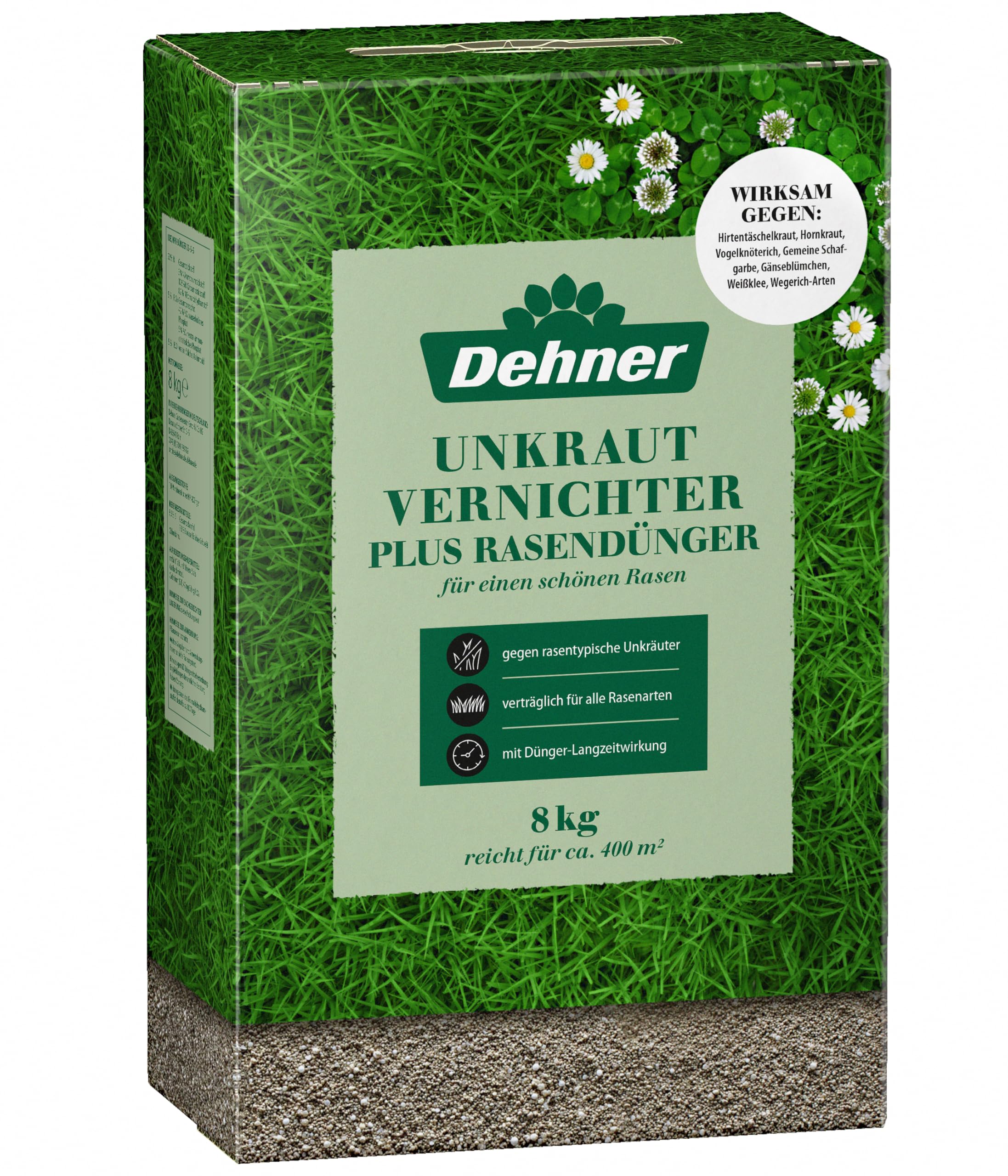 Dehner Unkrautvernichter plus Rasendünger, Unkrautvernichtungsmittel mit stärkendem NPK-Volldünger, Langzeitdüngung, 8 kg, für ca. 400 qm, 400 m²