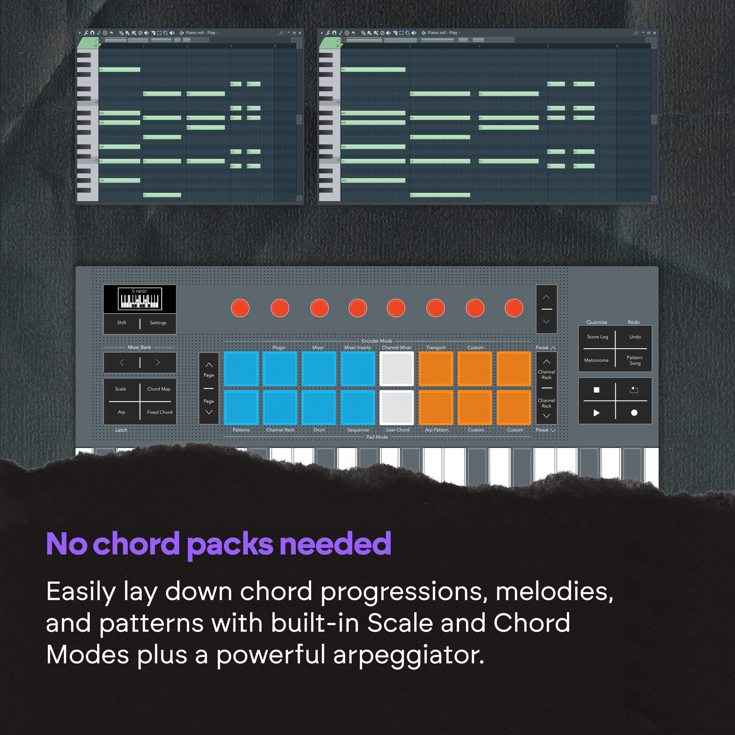 Novation FLkey 2 49 — clavier USB MIDI semi-lesté pour FL Studio. Créez des beats avec des molettes de pitchbend et de modulation, 16 pads rythmiques, un arpégiateur et 6 mois d’abonnement à FL Studio