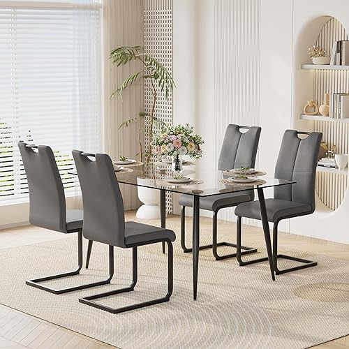Miniatura 39 de Juego de mesa de comedor moderno de 51" de 7 piezas para 6, mesa rectangular de cristal con 6 sillas tapizadas en cuero, capacidad para 6 personas,