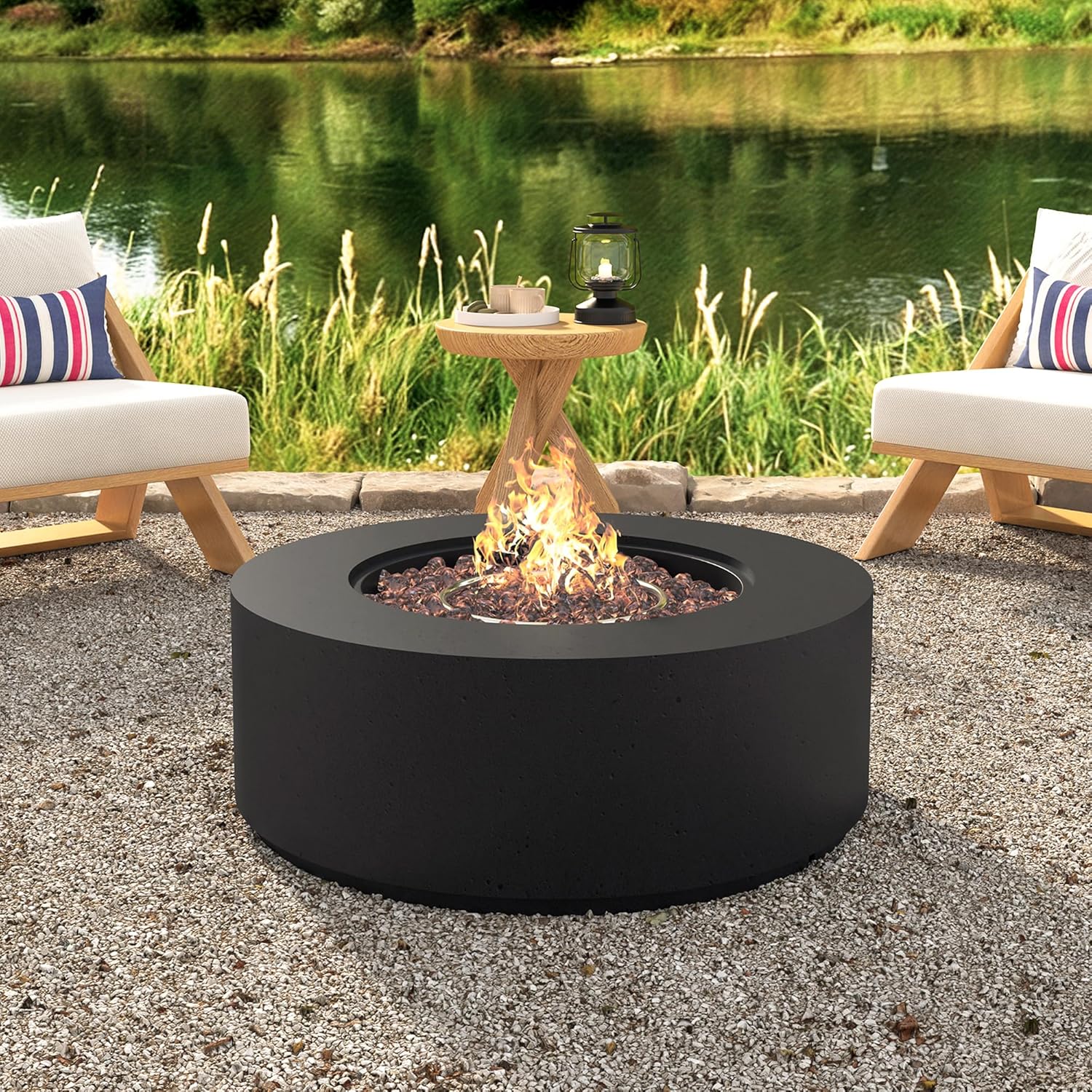 GDFStudio 38.2" Round Propane Fire Pit Table, 50000 BTU Outdoor Fire Pit with MgO Faux Stone Finish, Steel Burner, Adjustable Flame Control, Lava Rocks, Cover, Patio Backyard Deck Poolside, Black