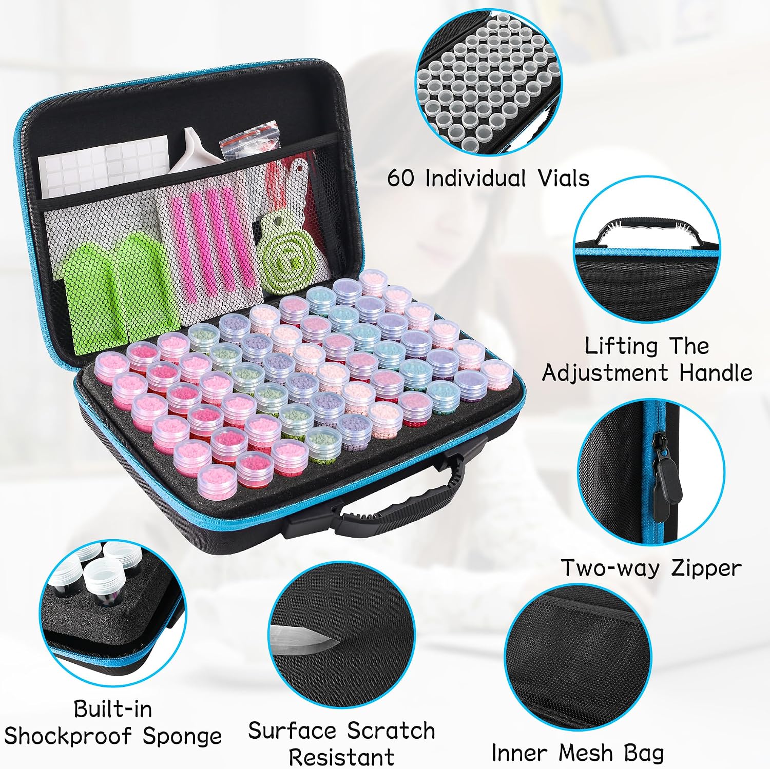 MERATIA 60 Slots Diamond Painting Storage Containers with Accessories, Portable Diamond Art Storage Case with Screw-On Lids for Adults,3 Trays, Carrying Handle-Gift for Painters (Blue, 60 Jars)