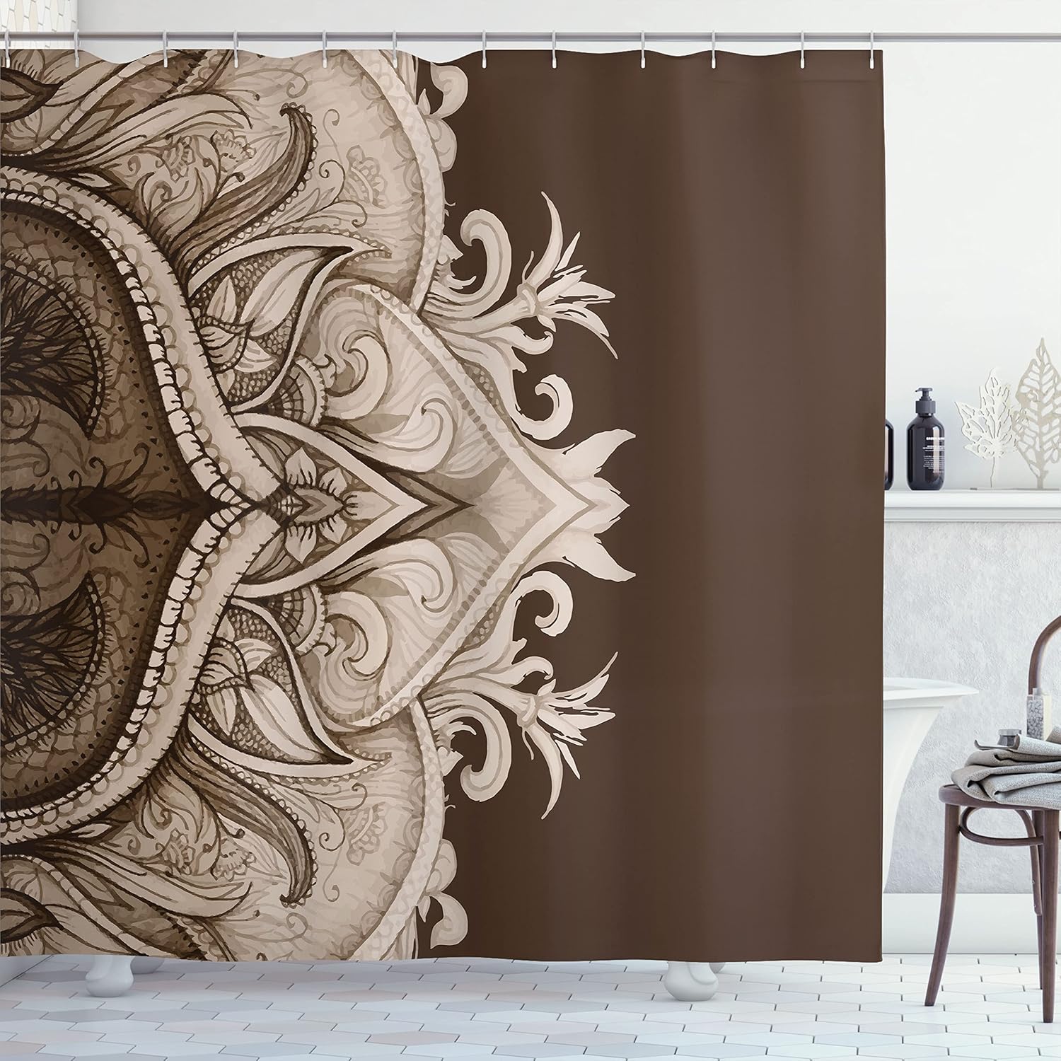 Ambesonne Mandala Shower Curtain, Traditional Ornamental Lace Border Swirled Flower Lines Eastern Folk Artwork, Cloth Fabric Bathroom Decor Set with Hooks, 69" W x 70" L, Umber Beige
