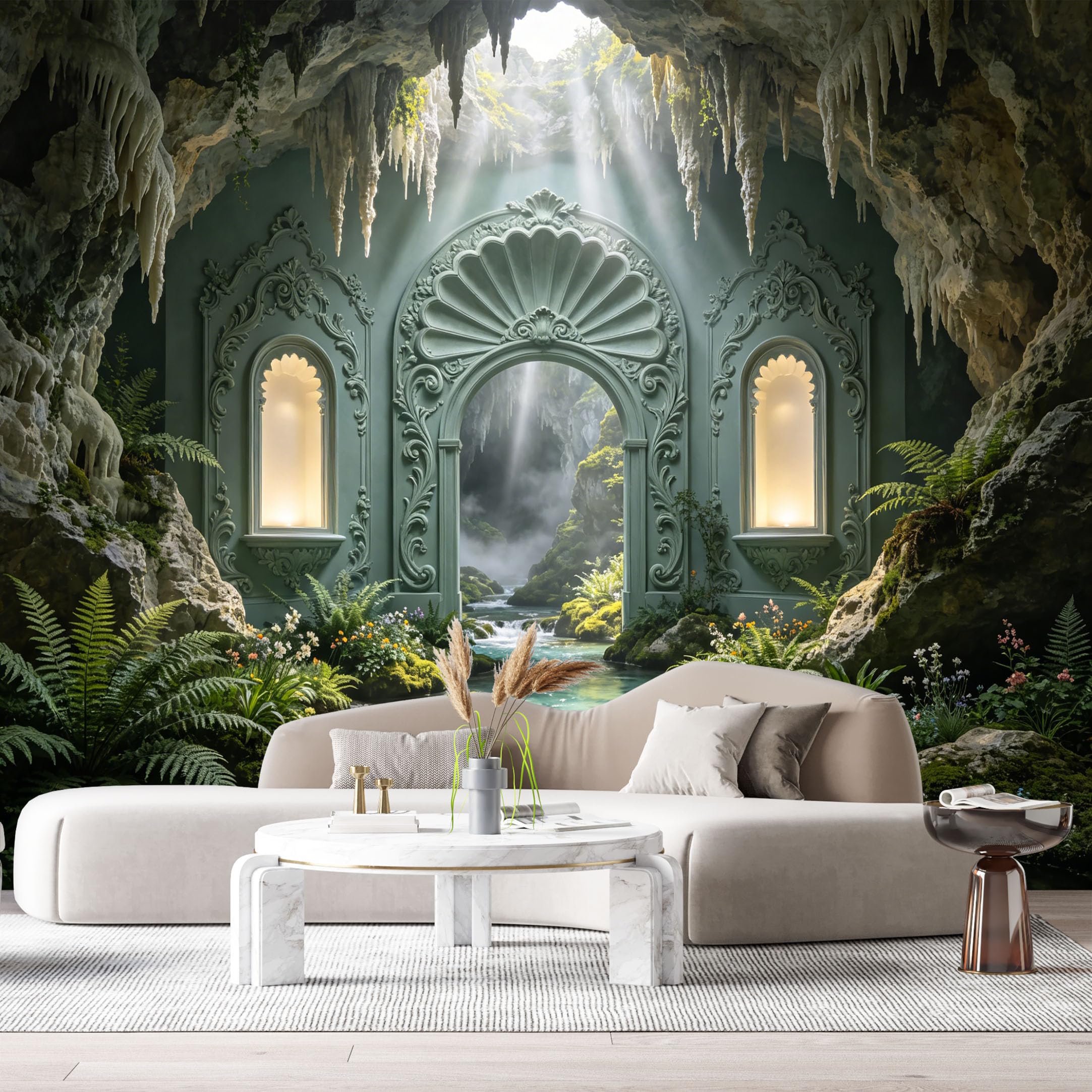 Custom Size Wall Murals Fantasy Cave Forest Stream 3D Trompe L'Oeil SelfAdhesiveWall Fabric Removable Wallpaper Wall Decor for Living Room Bedroom Bathroom
