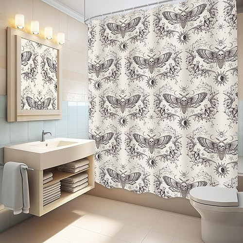 Miniatura 4 de LGhtyro Juego de cortina de ducha de calavera gótica, 60 pulgadas de ancho x 71 pulgadas de alto, para Halloween, polilla mística, luna, sol,