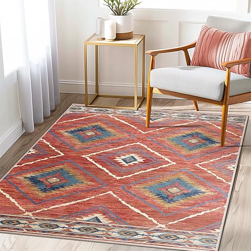 Area Rug 6x6 Rug Machine Washable Non-Slip Low Pile Print Pattern Western Rug for Living Room Bedroom Entryway Tribal Series -Red/Orange