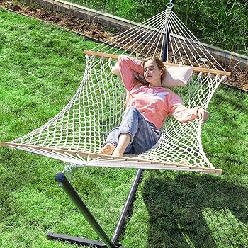 PNAEUT Double Rope Hammock with Stand Included, 12ft Heavy Duty Stand, 2 Person Traditional Cotton Rope Hammocks with Pillow for Outside Porch Patio Backyard Outdoor, Max 475lbs Capacity (Burlywood)