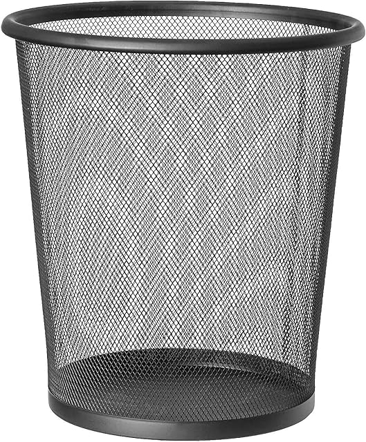 Pkge Metal Circular Bin Wastebasket Mesh Waste Rubbish Paper Trash Can Garbage Bucket For Bedroom, Bathroom, Home Offices (Black) -27cm x 23.5cm x 23.5cm