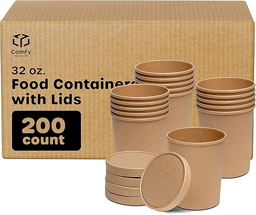 Comfy Package Caja de 200 recipientes de papel kraft de 32 onzas con tapas ventiladas, cuencos de sopa calientes, tazas de helado desechables,