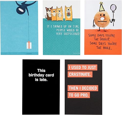Hallmark Shoebox 1399RZG1000 - Tarjetas divertidas de cumpleaños (5 tarjetas con sobres), con retraso, 5 tarjetas