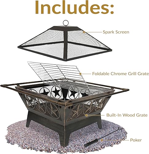 Miniatura 3 de Sunnydaze Decor Northern Galaxy fogata con diseño cuadrado para quemar leña con parrilla para cocinar y pantalla protectora contra chispas, de 32".