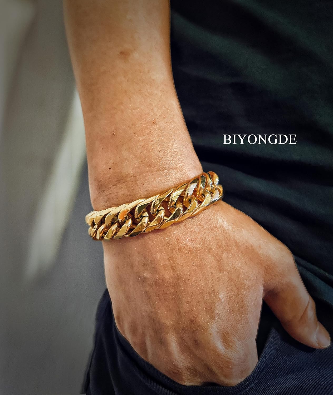 Miami Cuban Link Chain Bangle Bracelet, Steel, Hip Hop Heavy, Spring Push Rectangle Box Clasp - Image 2