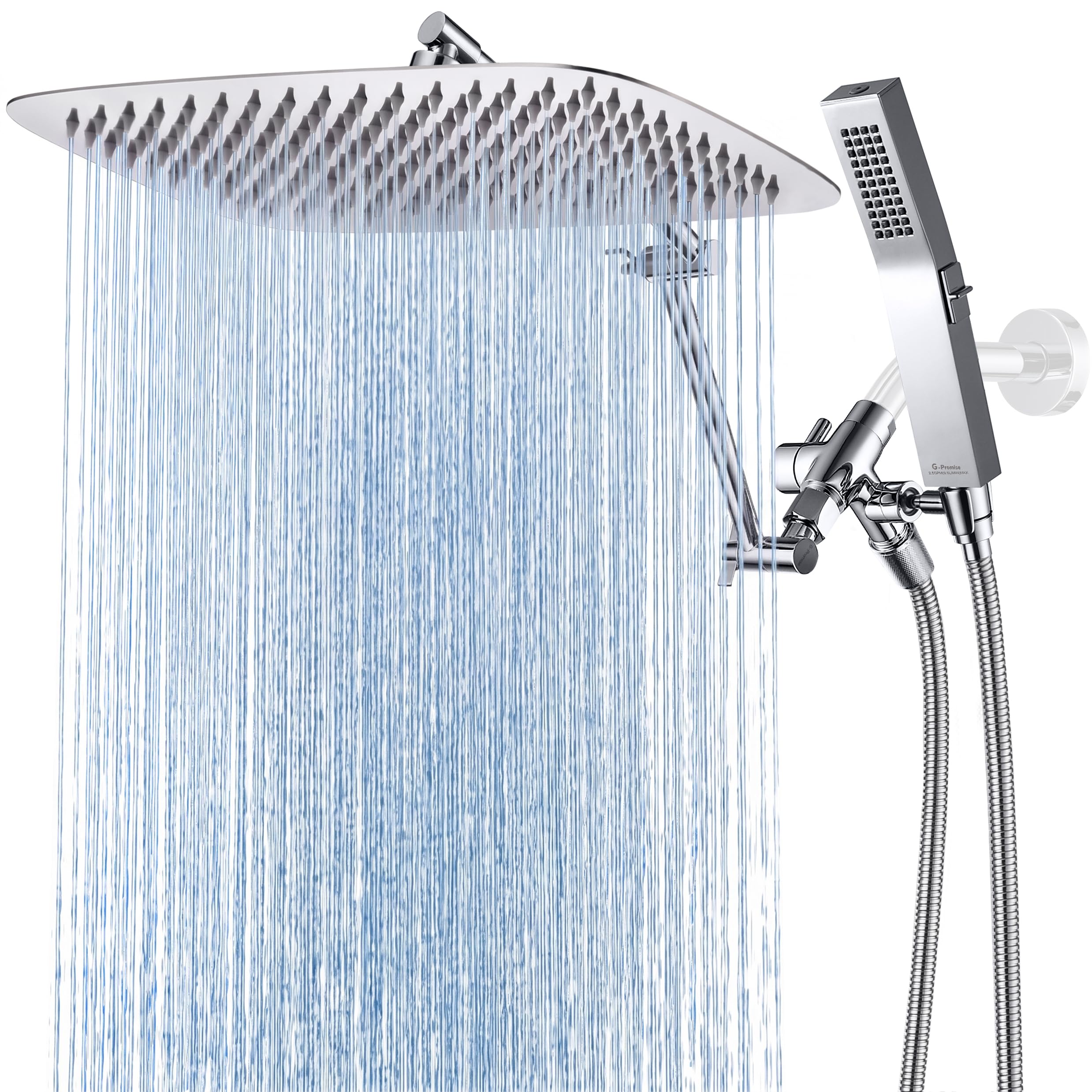 G-Promise All Metal 14 Inches Rainfall Shower Head with Handheld Spray Combo, 3 Settings Diverter, Adjustable Extension Arm with Lock Joints, 71 Inches Stainless Steel Hose (Chrome)