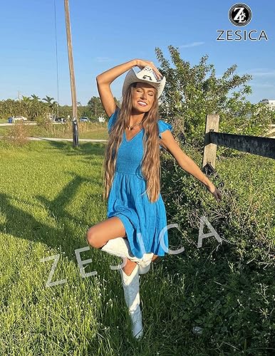 Miniatura 5 de ZESICA Minivestido casual de verano 2025 con cuello en V y mangas con volantes, estilo bohemio, fruncido, acampanado, para mujer