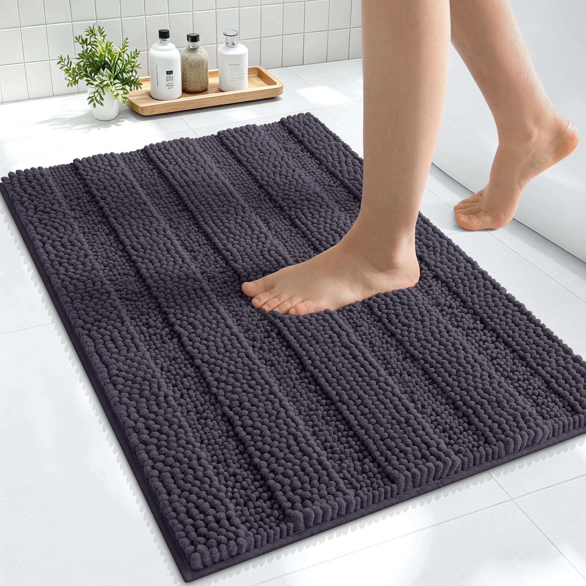 Smiry Thick Small Chenille Bathroom Rugs 24x16, Soft Bath Mat, Dark Grey