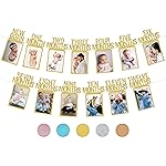 PartyHooman 1st Birthday Photo Banner for Baby from Newborn to 12 Months, First Birthday Decorations for Girl Monthly Milestones Garland | First Photo Banner Pre-strung with Frame (Gold)