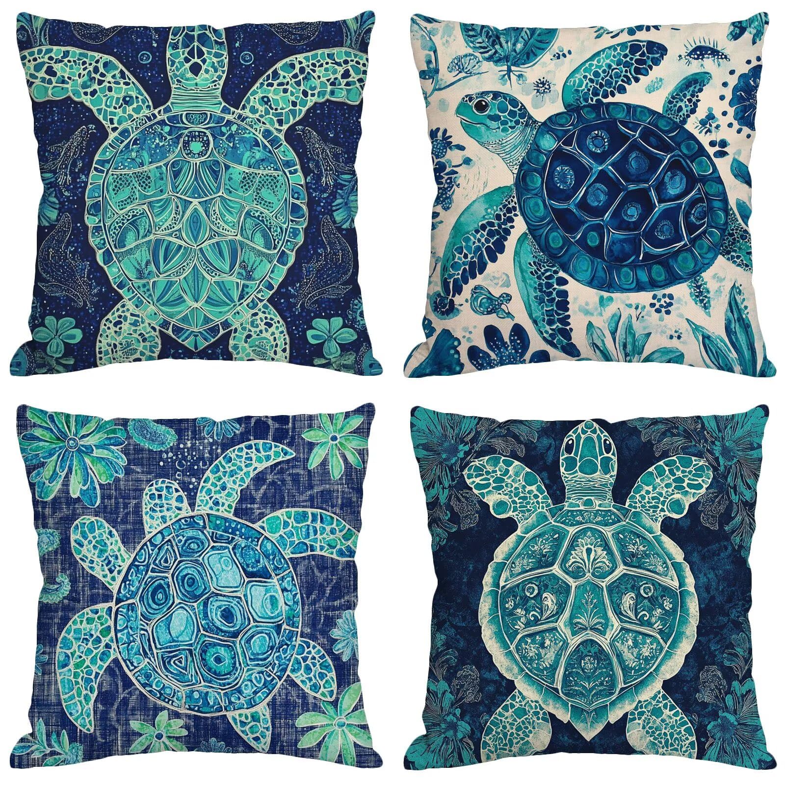 Housse coussin 40x40 cm étanche pour jardin et terrasse avec taie en lin bleu à motif tortue