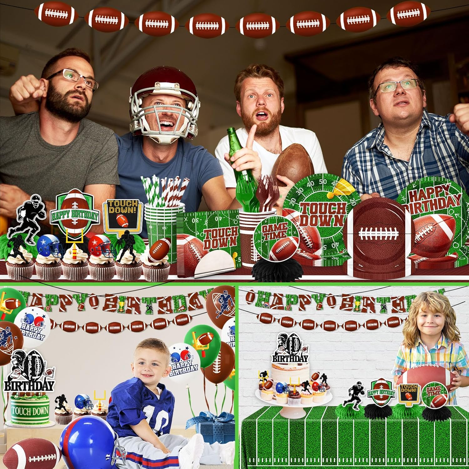 Football Birthday Party Decorations, 191Pcs Football Party Supplies Includes Plates,Napkins,Cups,Tablecloth,Banner,Hanging Swirls,Honeycomb,Balloons,Cake Topper for Game Day Tailgate Party Decorations - Image 4