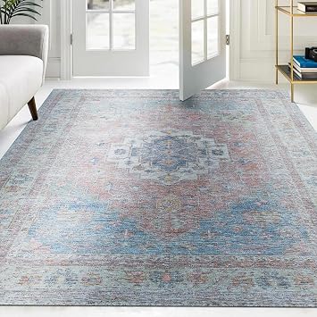 EORC Blue/Red Area Rugs for Living Room & Home Decor Non-Slip Hand-Woven Wool Oriental Rug Provides Comfort & Beauty, Indoor Floor Area Rug for Bedroom, Dining Room, Offices