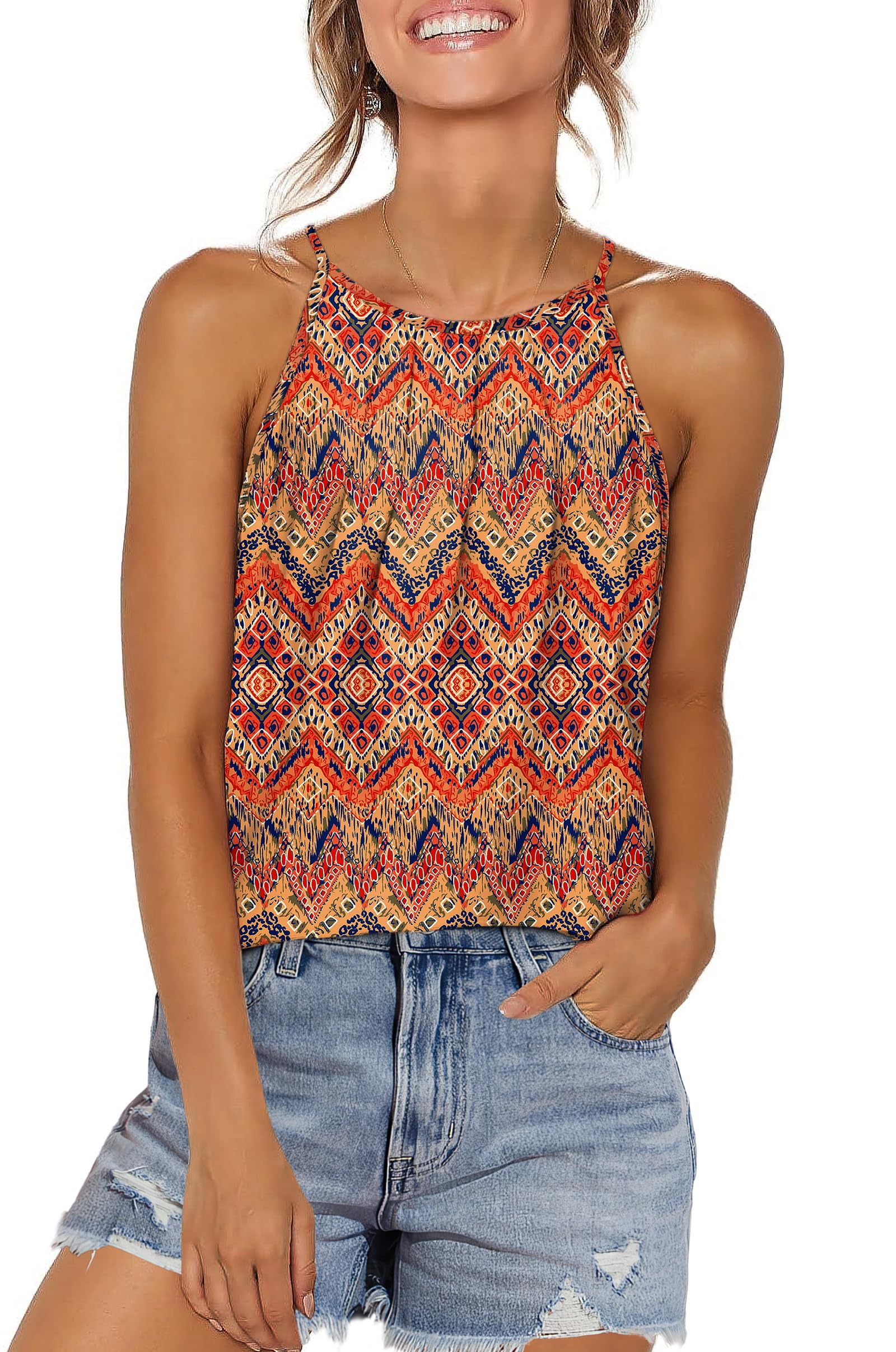 WIHOLL Womens Pleated Tank Tops Spaghetti Strap Camisole Halter Tops Curved Hem Fashion 2026