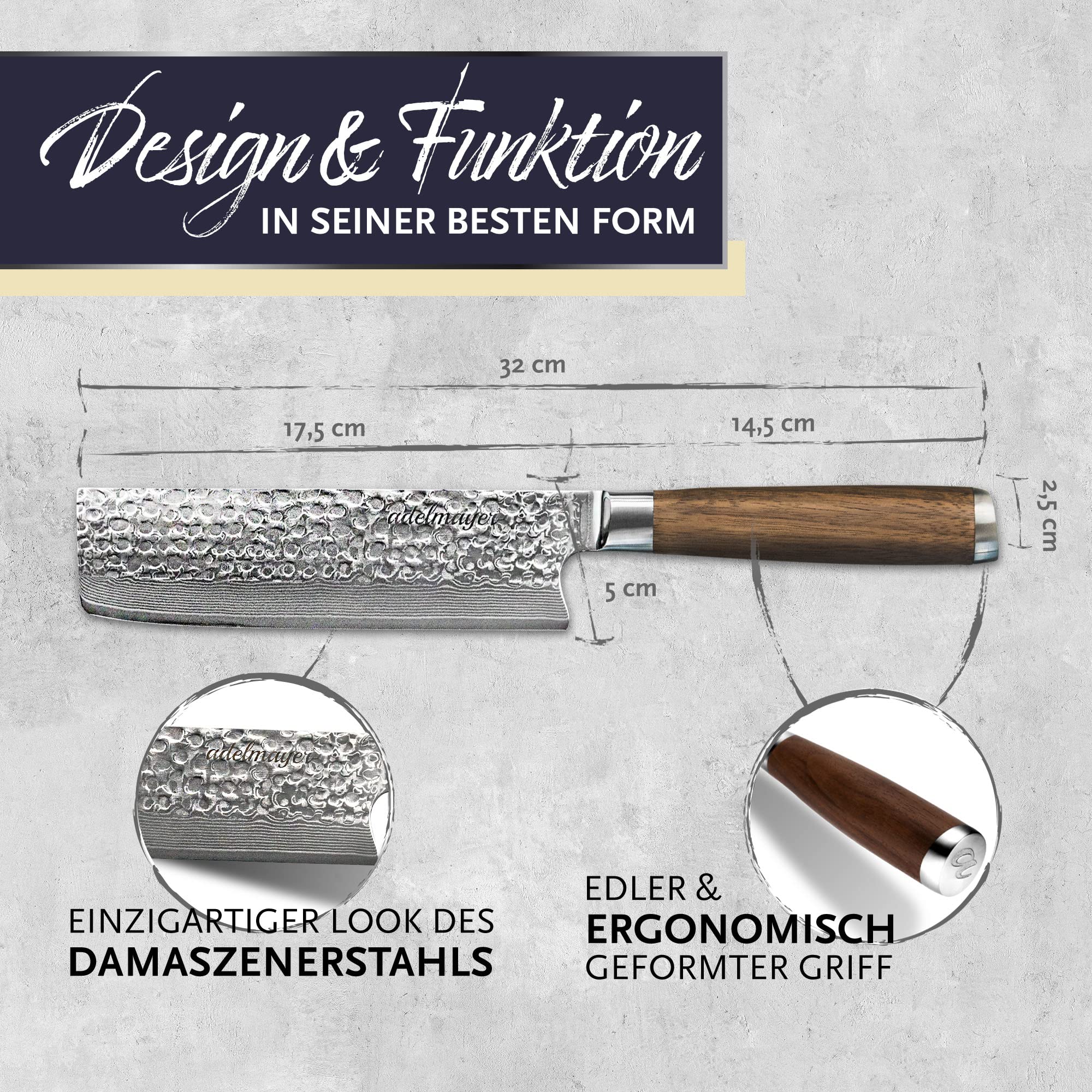 Damastmesser - Nakiri Messer scharf (Klinge: 17,5 cm) - Hackmesser aus japanischem Damast-Stahl & Walnussholz mit Geschenkbox