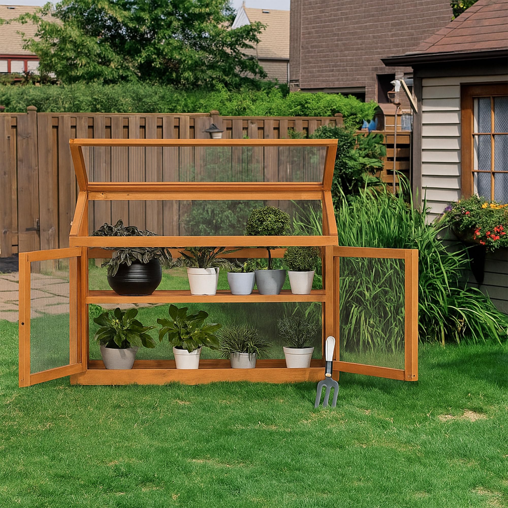 Frankystar Kinto - Mini Serre de Balcon Jardin 90x70x37 cm Porte Plantes pour Intérieur et Extérieur en Bois d'Épicéa et Polycarbonate