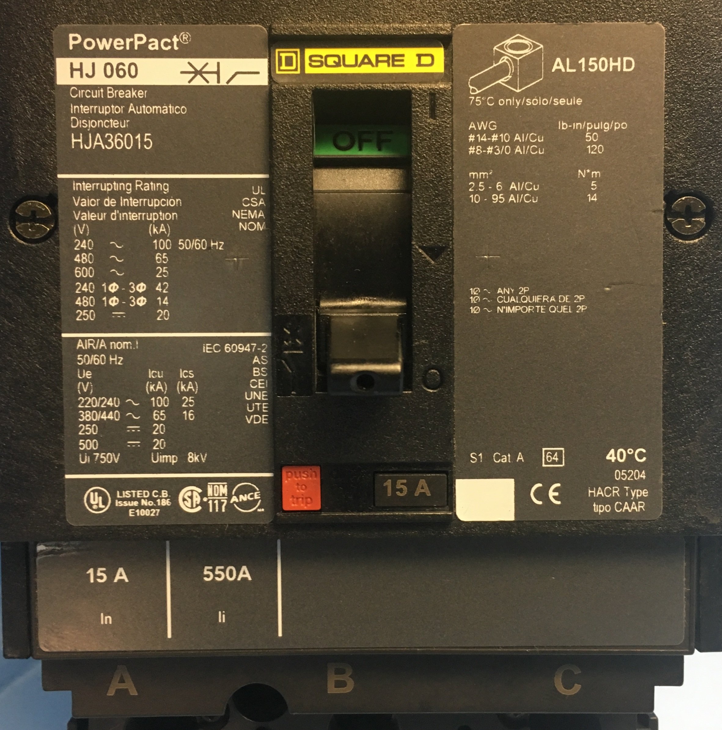 SCHNEIDER ELECTRIC 600-VOLT 15-AMP HJA36015 Molded CASE Circuit Breaker 600V 15A, Black