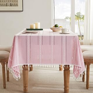 ZeeMart Hemstitched Striped Boho Table Cloth, 60x84 Inch Pink