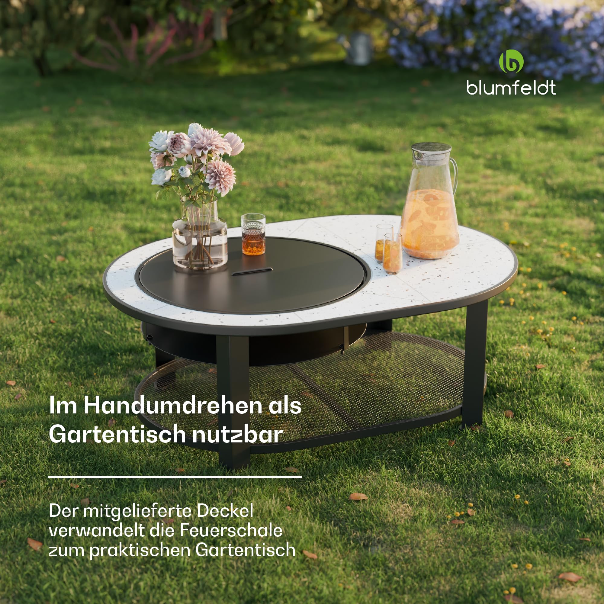Blumfeldt Merano Circolo L Feuerschale - 3-in-1 Feuerschale mit Grillrost & Tisch, robuster Stahlrahmen, Terrazzo-Tischplatte, inkl. Funkenschutz, Schürhaken & Deckel, für Garten & Terrasse