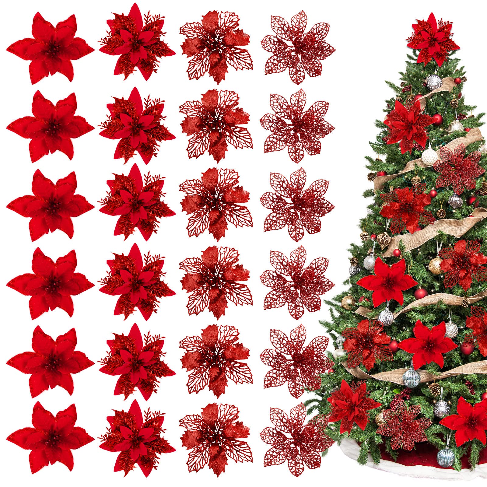 Whaline 24 Stück Weihnachtssterne mit 24 Clips, 4 Designs, rote Glitzerblumen, künstlicher Weihnachtsstern, Dekoration für Weihnachtsbaum, Ornament, Hochzeit, Dekoration, Winterpartyzubehör