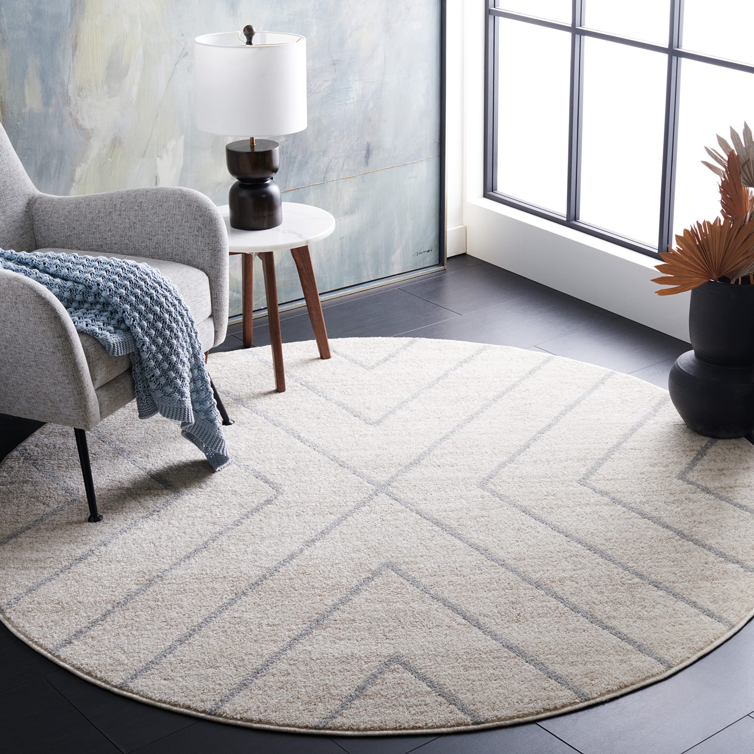 SAFAVIEH Adirondack Collection Area Rug - 6' Round, Ivory & Light Grey, Modern Geometric Design, Non-Shedding & Easy Care, Ideal for High Traffic