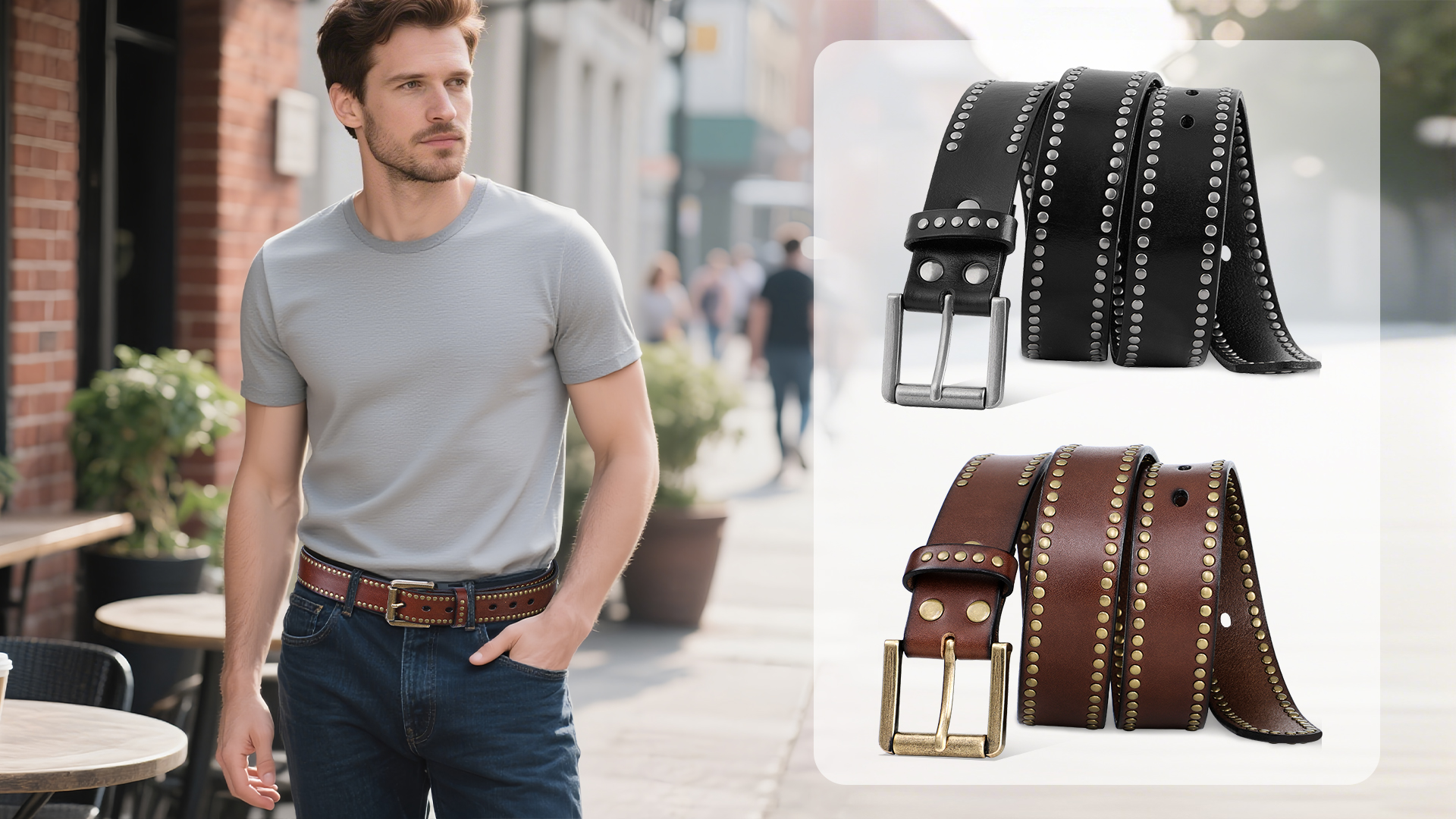 FIORETTO Mens Studded Genuine Leather Belts For Jeans Punk