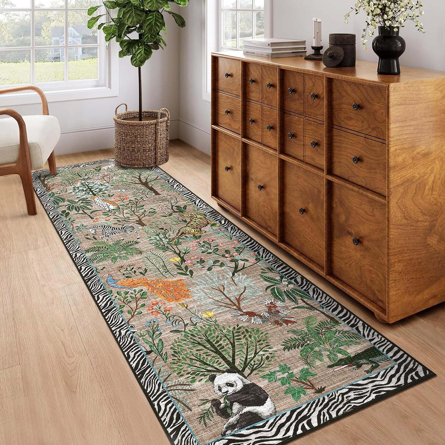 Garvee Washable Runner Rug 2x6 Ultra-Soft Jungle Plant Animal Hallway Runner Rug Stain-Resistant Low Pile Floor Carpet Indoor Non-Shedding Accent Runners for Entryway Laundry Kitchen Bedroom Brown