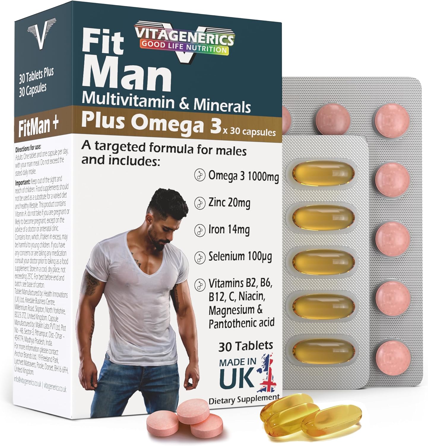 VITAGENERICS FitMan High Strength Multivitamin & Minerals + Omega 3 | 30 Tablets + 30 Capsules| 1000mg Omega 3, Zinc, Iron, Biotin, Vitamin D, Magnesium, B-Complex & More! UK Made Supplement for Men