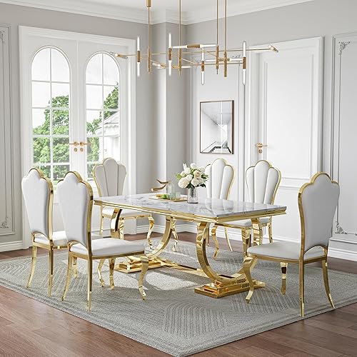 Miniatura 46 de Juego de mesa de comedor de mármol sintético de 70 pulgadas para 6, mesa de cocina grande y sillas de cuero sintético blanco, mesas de comedor Plata