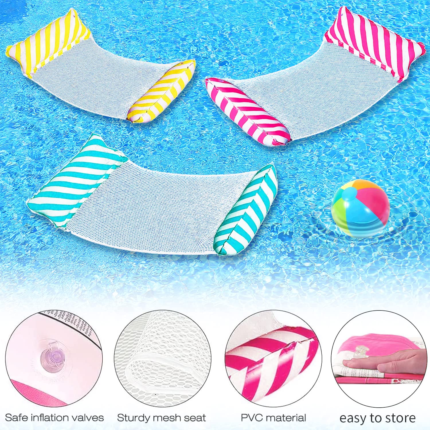 Aufblasbares Schwimmbett, 3 Stück Pool Aufblasbare Hängematte, 4 in 1 Pool Wasserhängematte, Pool Matratzen, Schwebende Luftmatratze mit Mesh, Wasser Hängematte