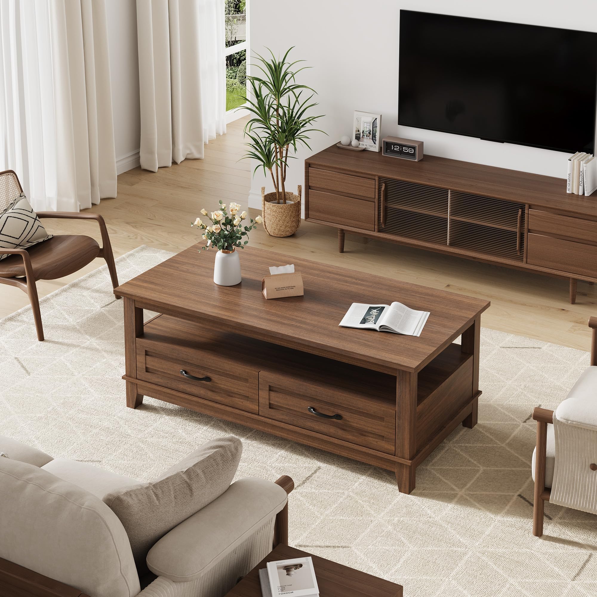 Plank+Beam Mid-Century Modern TV Stand - 59" Solid Wood Entertainment Console Blonde