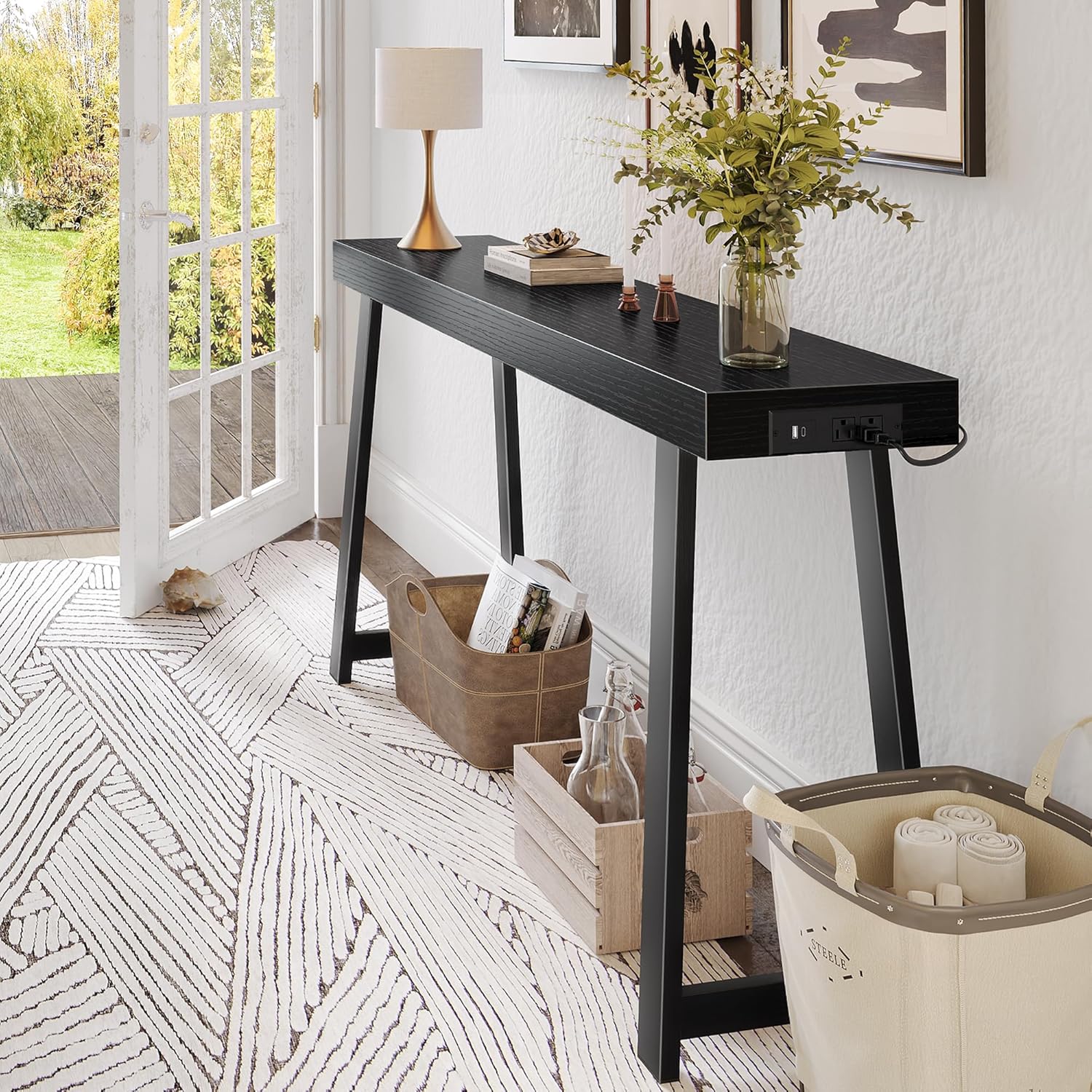 Huuger Entryway Console Table with Charging Station, USB-C Port, 53.9 Inch Sofa Table with Metal Legs, Entry Hallway Table with Deeper Desktop, Modern Behind Couch Table, Black