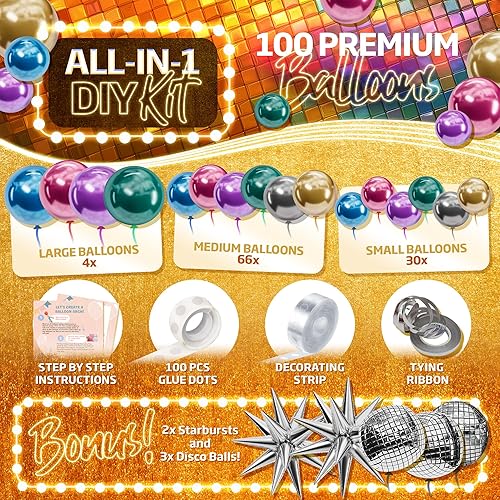 Miniatura 2 de Kit de arco de globos de discoteca todo en 1 con bolas de discoteca y estallidos de estrellas, kit de arco de globos metálicos para decoraciones de